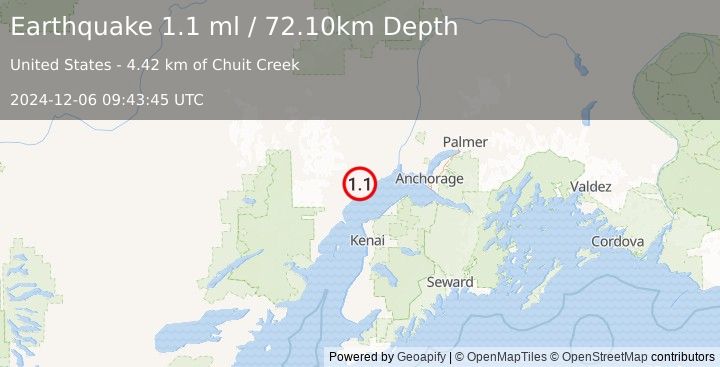 Earthquake 18 km W of Beluga, Alaska (1.1 ml) (2024-12-06 09:43:45 UTC)