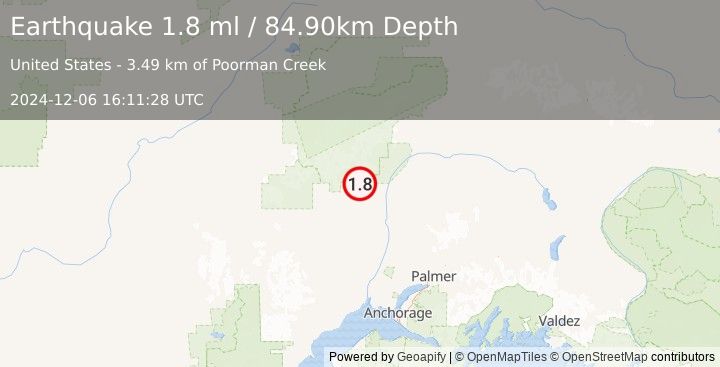 Earthquake 6 km NNE of Petersville, Alaska (1.8 ml) (2024-12-06 16:11:28 UTC)