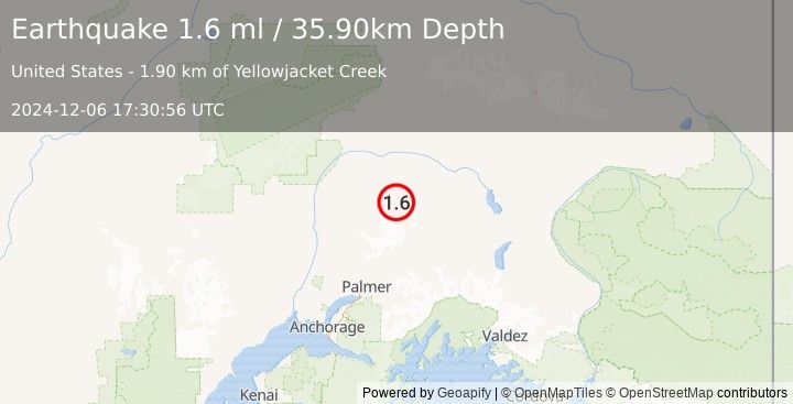 Earthquake 66 km N of Chickaloon, Alaska (1.6 ml) (2024-12-06 17:30:56 UTC)