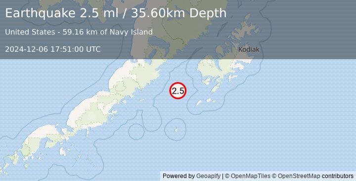 Earthquake 85 km WSW of Akhiok, Alaska (2.5 ml) (2024-12-06 17:51:00 UTC)