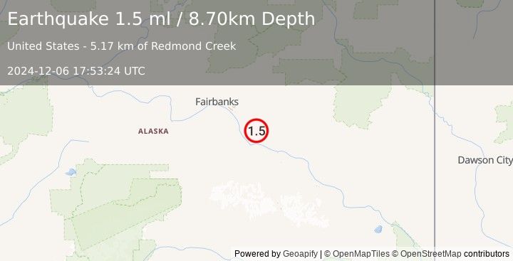 Earthquake 10 km NNE of Harding-Birch Lakes, Alaska (1.5 ml) (2024-12-06 17:53:24 UTC)