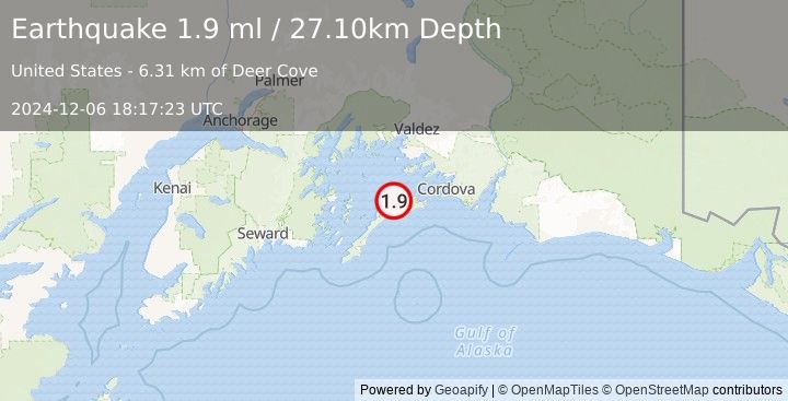 Earthquake 49 km S of Tatitlek, Alaska (1.9 ml) (2024-12-06 18:17:23 UTC)