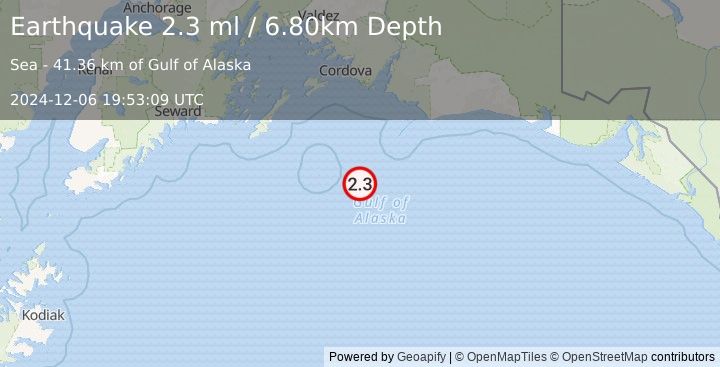 Earthquake 140 km S of Cordova, Alaska (2.3 ml) (2024-12-06 19:53:09 UTC)