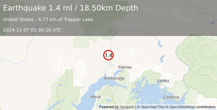 Earthquake 29 km WSW of Susitna North, Alaska (1.4 ml) (2024-12-07 01:30:26 UTC)