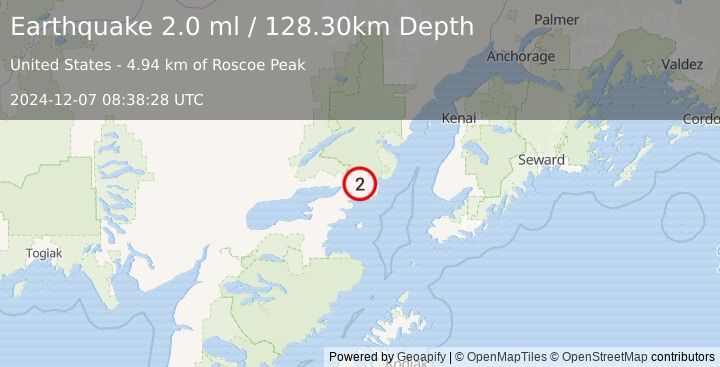 Earthquake 38 km E of Pedro Bay, Alaska (2.0 ml) (2024-12-07 08:38:28 UTC)