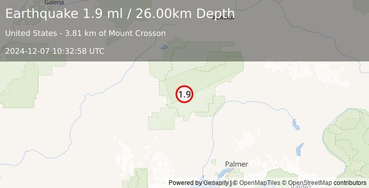 Earthquake 62 km NNW of Petersville, Alaska (1.9 ml) (2024-12-07 10:32:58 UTC)