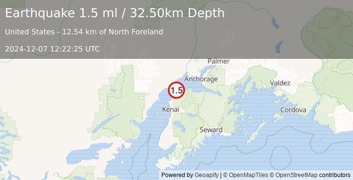 Earthquake 13 km SE of Tyonek, Alaska (1.5 ml) (2024-12-07 12:22:25 UTC)