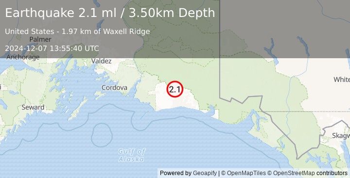 Earthquake 103 km S of McCarthy, Alaska (2.1 ml) (2024-12-07 13:55:40 UTC)