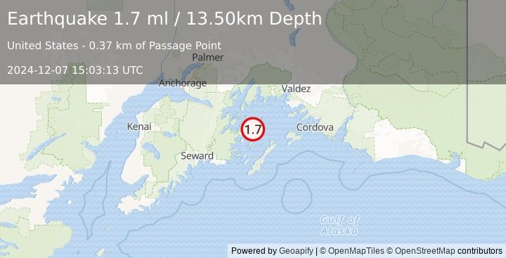 Earthquake 52 km NNE of Chenega, Alaska (1.7 ml) (2024-12-07 15:03:13 UTC)