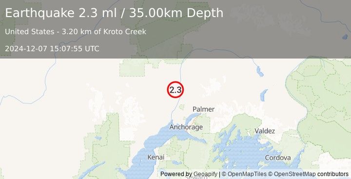 Earthquake 31 km WSW of Susitna North, Alaska (2.3 ml) (2024-12-07 15:07:55 UTC)