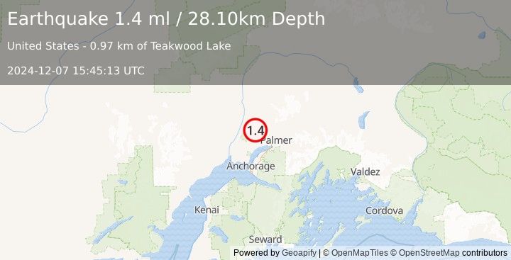 Earthquake 13 km NNE of Houston, Alaska (1.4 ml) (2024-12-07 15:45:13 UTC)