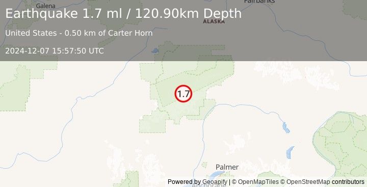 Earthquake 64 km SE of Denali National Park, Alaska (1.7 ml) (2024-12-07 15:57:50 UTC)