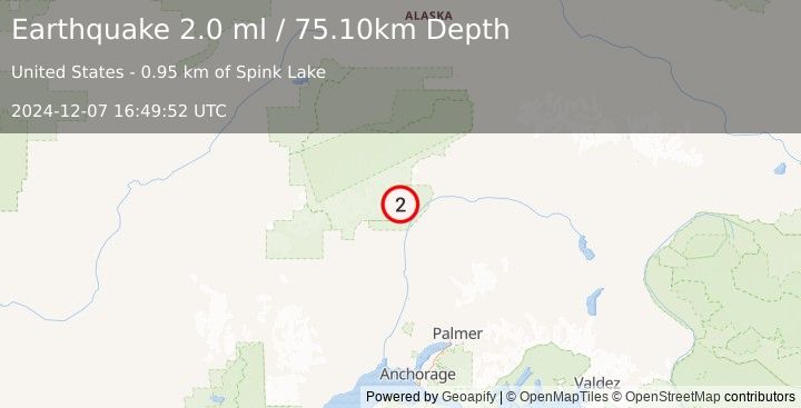 Earthquake 38 km N of Chase, Alaska (2.0 ml) (2024-12-07 16:49:52 UTC)