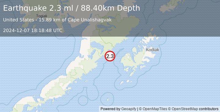 Earthquake 60 km W of Karluk, Alaska (2.3 ml) (2024-12-07 18:18:48 UTC)