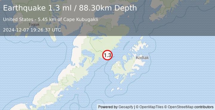 Earthquake 47 km NW of Karluk, Alaska (1.3 ml) (2024-12-07 19:26:37 UTC)