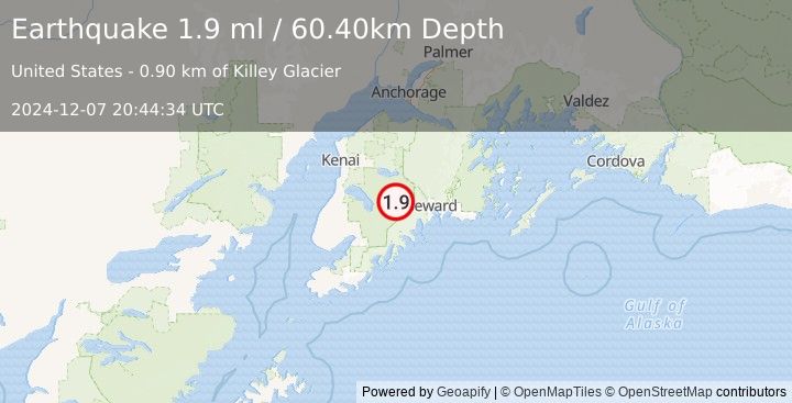 Earthquake 39 km W of Seward, Alaska (1.9 ml) (2024-12-07 20:44:34 UTC)