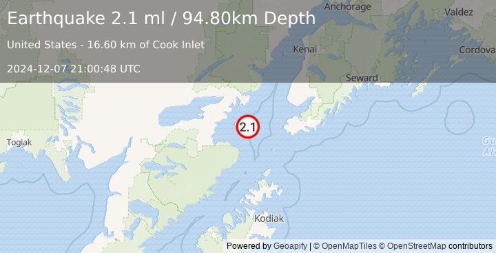 Earthquake 65 km W of Nanwalek, Alaska (2.1 ml) (2024-12-07 21:00:48 UTC)