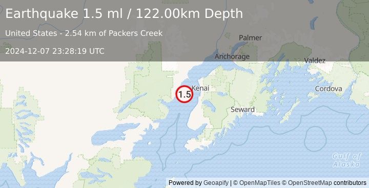 Earthquake 35 km W of Cohoe, Alaska (1.5 ml) (2024-12-07 23:28:19 UTC)