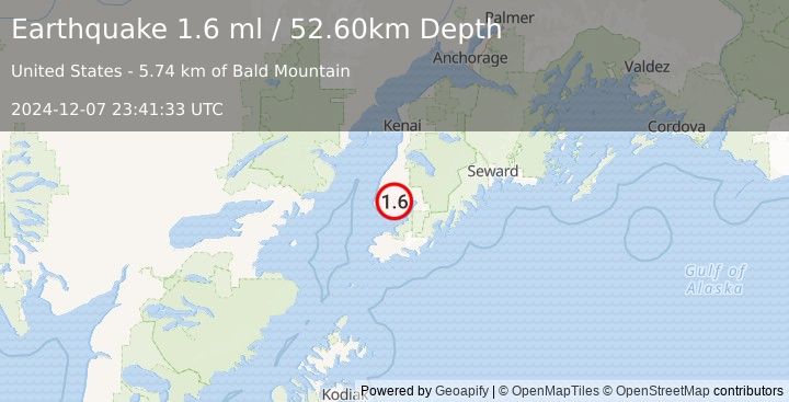 Earthquake 9 km NW of Fritz Creek, Alaska (1.6 ml) (2024-12-07 23:41:33 UTC)