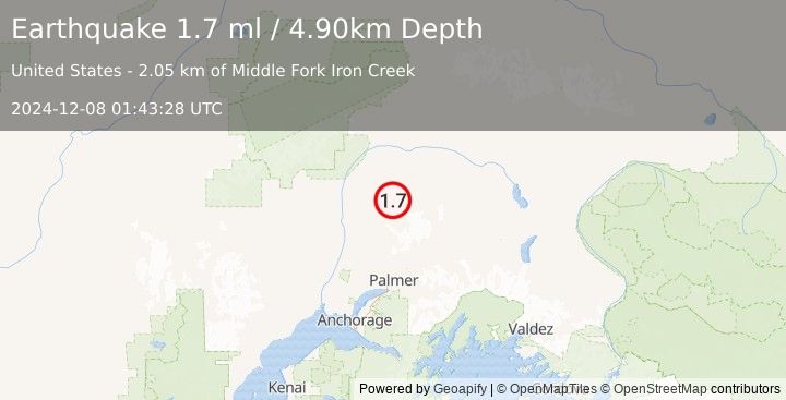 Earthquake 43 km ENE of Susitna North, Alaska (1.7 ml) (2024-12-08 01:43:28 UTC)