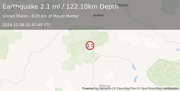 Earthquake 71 km ESE of Denali National Park, Alaska (2.1 ml) (2024-12-08 02:42:40 UTC)