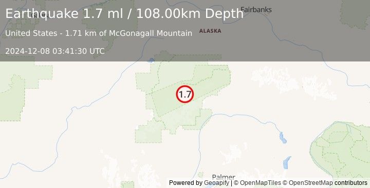 Earthquake 58 km SE of Denali National Park, Alaska (1.7 ml) (2024-12-08 03:41:30 UTC)