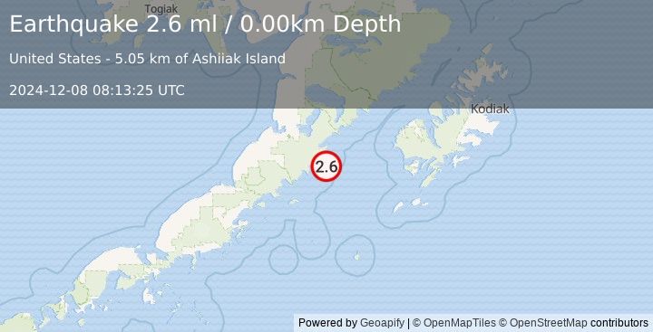 Earthquake 81 km SE of Ugashik, Alaska (2.6 ml) (2024-12-08 08:13:25 UTC)