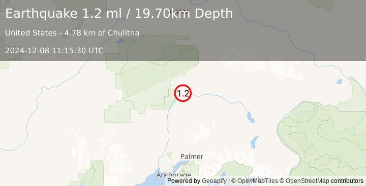 Earthquake 57 km NNE of Chase, Alaska (1.2 ml) (2024-12-08 11:15:30 UTC)