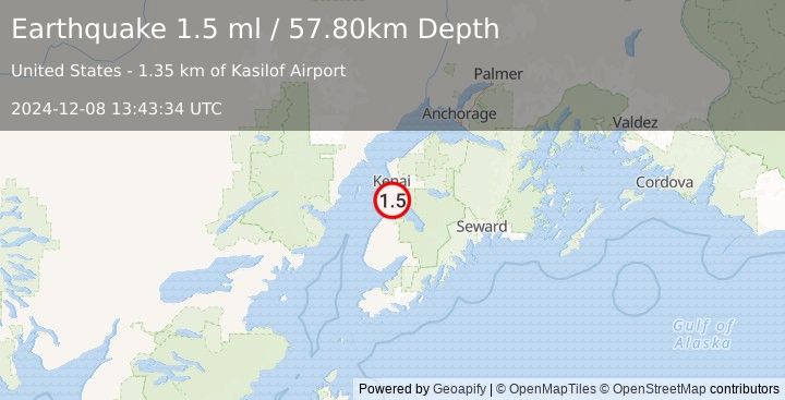 Earthquake 3 km NNE of Kasilof, Alaska (1.5 ml) (2024-12-08 13:43:34 UTC)