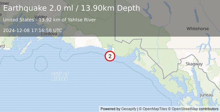 Earthquake 94 km WNW of Yakutat, Alaska (2.0 ml) (2024-12-08 17:16:58 UTC)