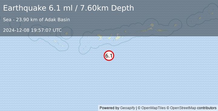 Earthquake 111 km SSW of Adak, Alaska (6.1 ml) (2024-12-08 19:57:07 UTC)