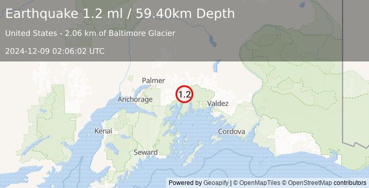 Earthquake 54 km S of Glacier View, Alaska (1.2 ml) (2024-12-09 02:06:02 UTC)