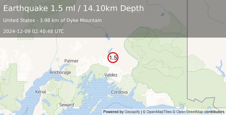 Earthquake 41 km SSE of Mendeltna, Alaska (1.5 ml) (2024-12-09 02:40:48 UTC)