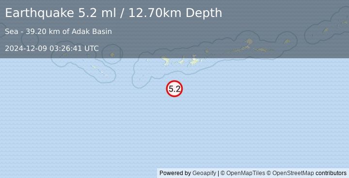 Earthquake 117 km SSW of Adak, Alaska (5.2 ml) (2024-12-09 03:26:41 UTC)