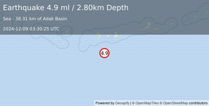 Earthquake 120 km SSW of Adak, Alaska (4.9 ml) (2024-12-09 03:30:25 UTC)