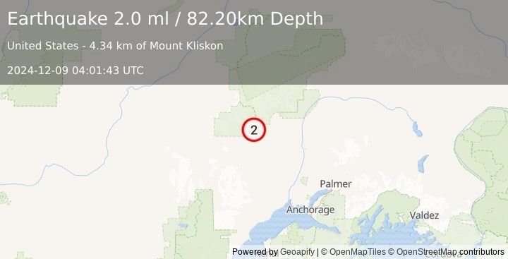 Earthquake 46 km NNW of Skwentna, Alaska (2.0 ml) (2024-12-09 04:01:43 UTC)