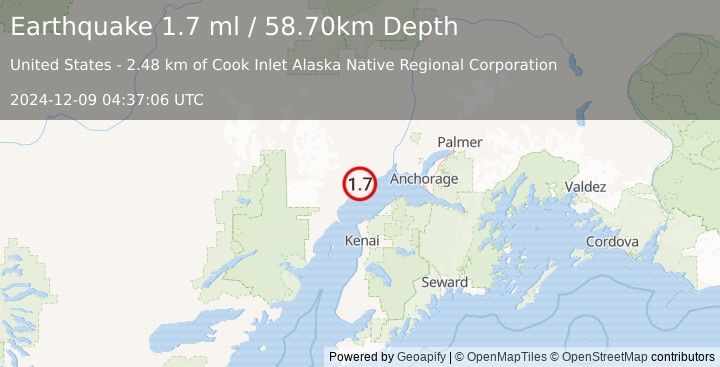 Earthquake 12 km W of Beluga, Alaska (1.7 ml) (2024-12-09 04:37:06 UTC)