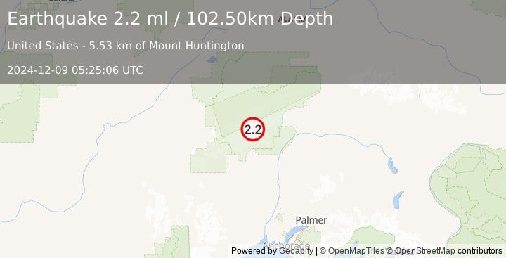 Earthquake 48 km N of Petersville, Alaska (2.2 ml) (2024-12-09 05:25:06 UTC)