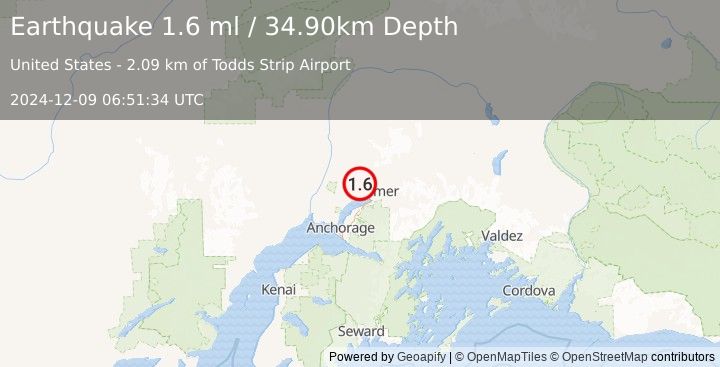 Earthquake 5 km NNW of Tanaina, Alaska (1.6 ml) (2024-12-09 06:51:34 UTC)