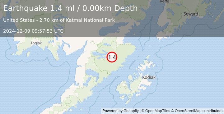 Earthquake 97 km E of King Salmon, Alaska (1.4 ml) (2024-12-09 09:57:53 UTC)