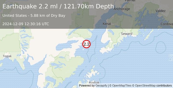 Earthquake 58 km ESE of Pedro Bay, Alaska (2.2 ml) (2024-12-09 12:30:16 UTC)