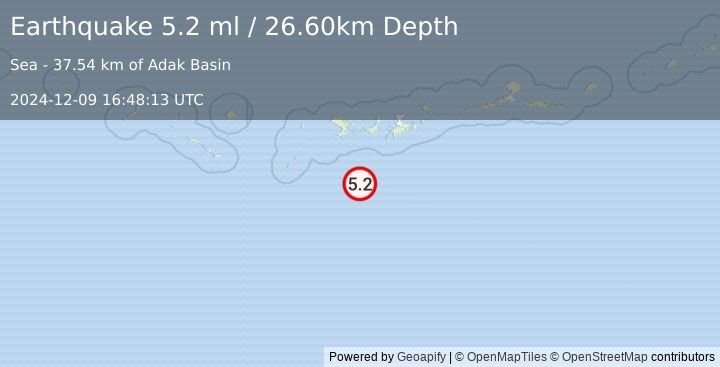 Earthquake 114 km SSW of Adak, Alaska (5.2 ml) (2024-12-09 16:48:13 UTC)