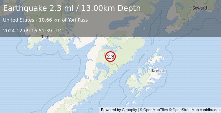 Earthquake 63 km SE of King Salmon, Alaska (2.3 ml) (2024-12-09 16:51:39 UTC)