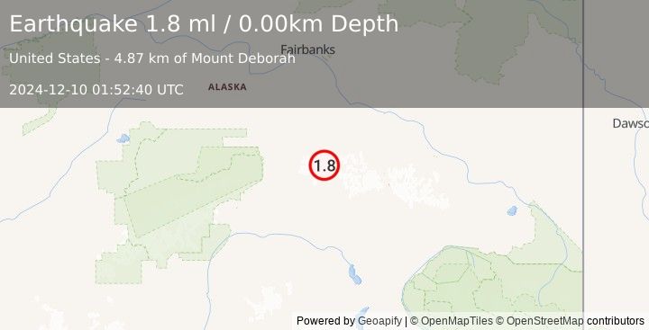 Earthquake 80 km E of Denali Park, Alaska (1.8 ml) (2024-12-10 01:52:40 UTC)