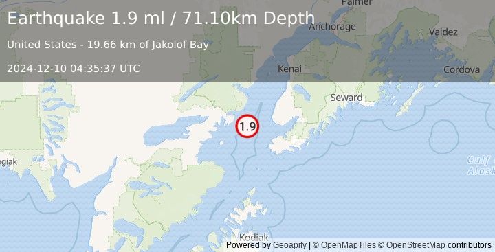 Earthquake 46 km WSW of Anchor Point, Alaska (1.9 ml) (2024-12-10 04:35:37 UTC)