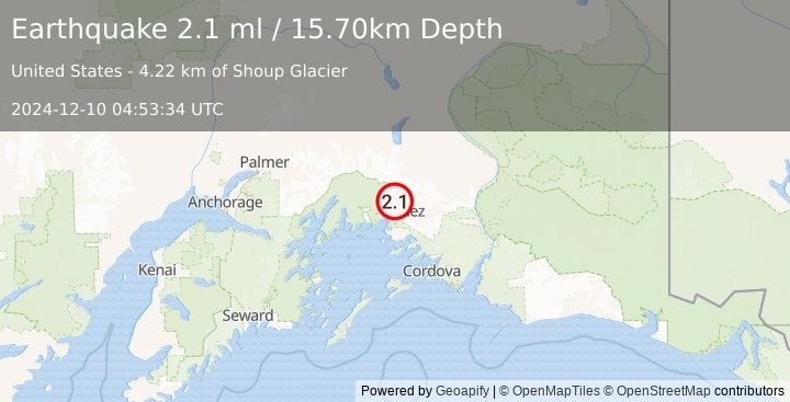 Earthquake 12 km NW of Valdez, Alaska (2.1 ml) (2024-12-10 04:53:34 UTC)