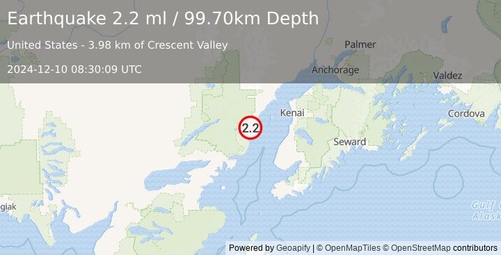 Earthquake 58 km WNW of Ninilchik, Alaska (2.2 ml) (2024-12-10 08:30:09 UTC)