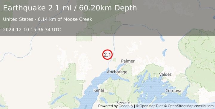 Earthquake 31 km WNW of Willow, Alaska (2.1 ml) (2024-12-10 15:36:34 UTC)