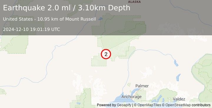 Earthquake 58 km WNW of Petersville, Alaska (2.0 ml) (2024-12-10 19:01:19 UTC)