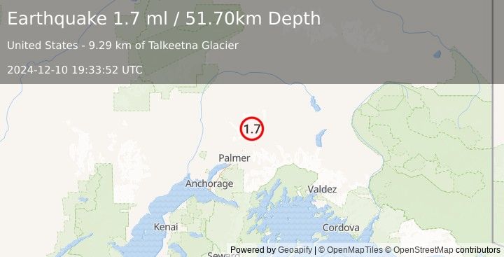 Earthquake 26 km N of Chickaloon, Alaska (1.7 ml) (2024-12-10 19:33:52 UTC)